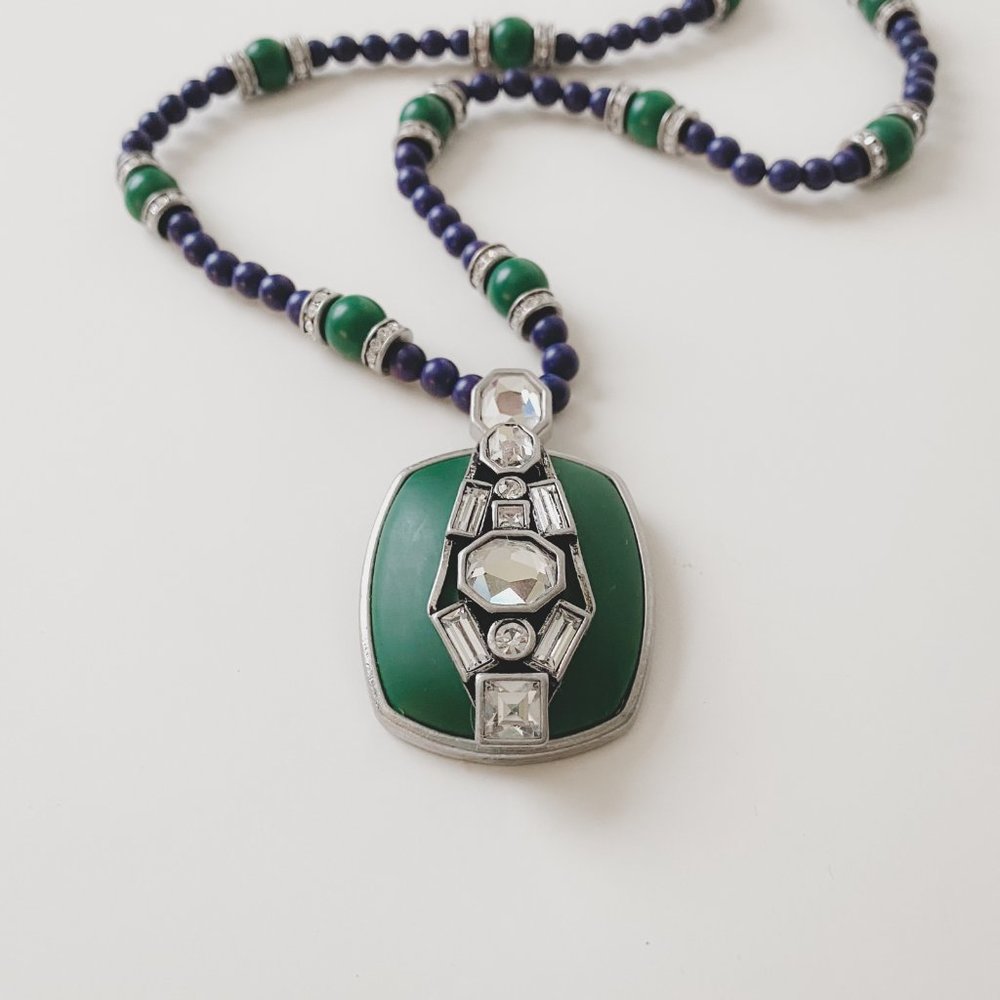 Lia Sophia Toni Ann Blue Green Art Deco Rhinestone Pendant Beaded Necklace